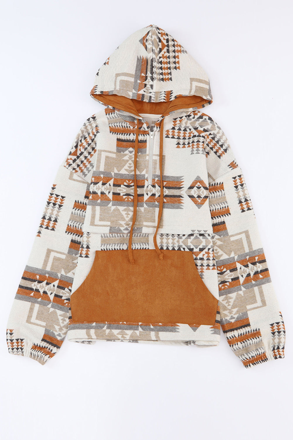 Beige Aztec Print Kangaroo Pocket Half-Zip Hoodie