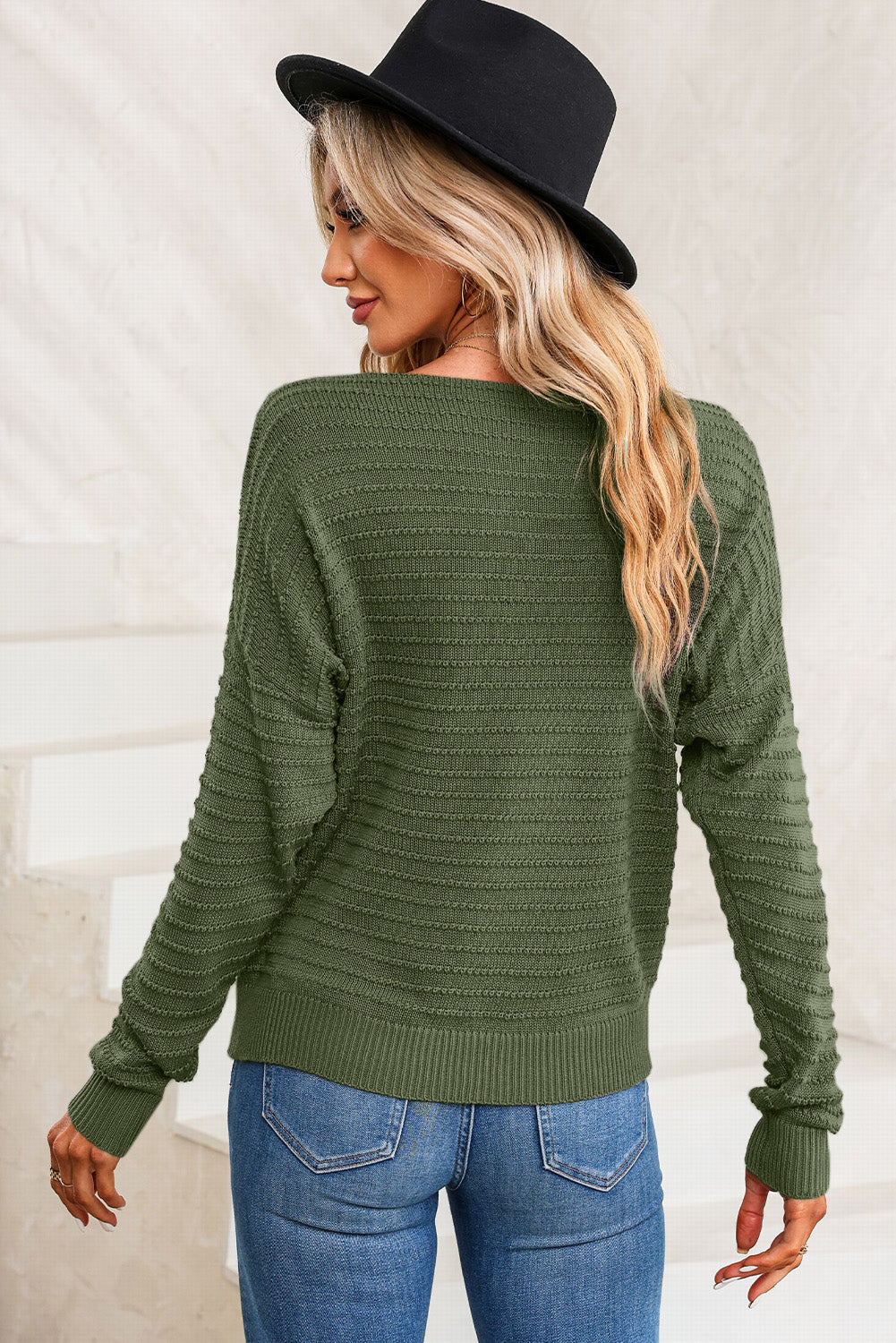 Green Textured Knit Round Neck Dolman Sleeve Sweater