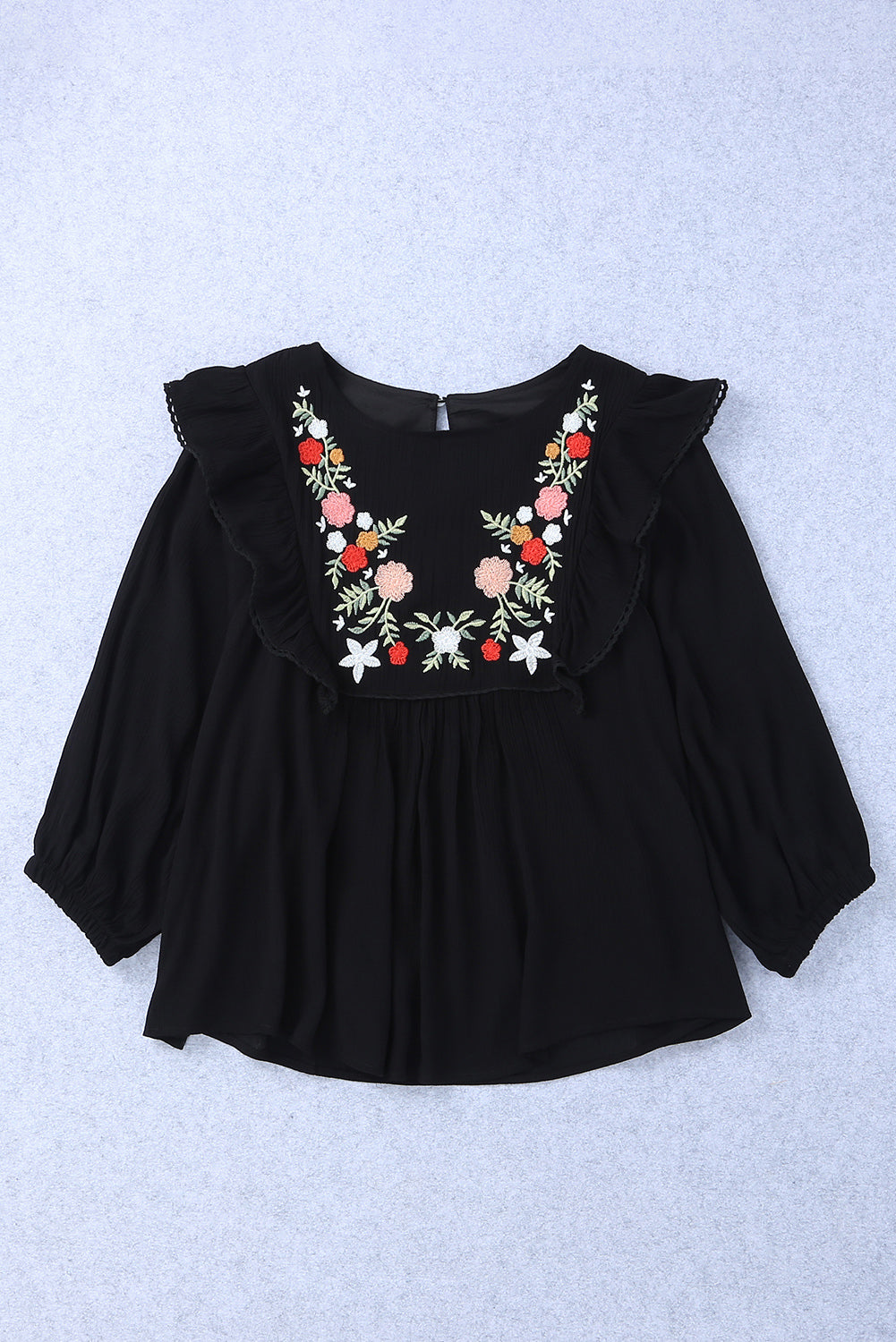 Black Bohemian Floral Embroidered Ruffled Babydoll Top