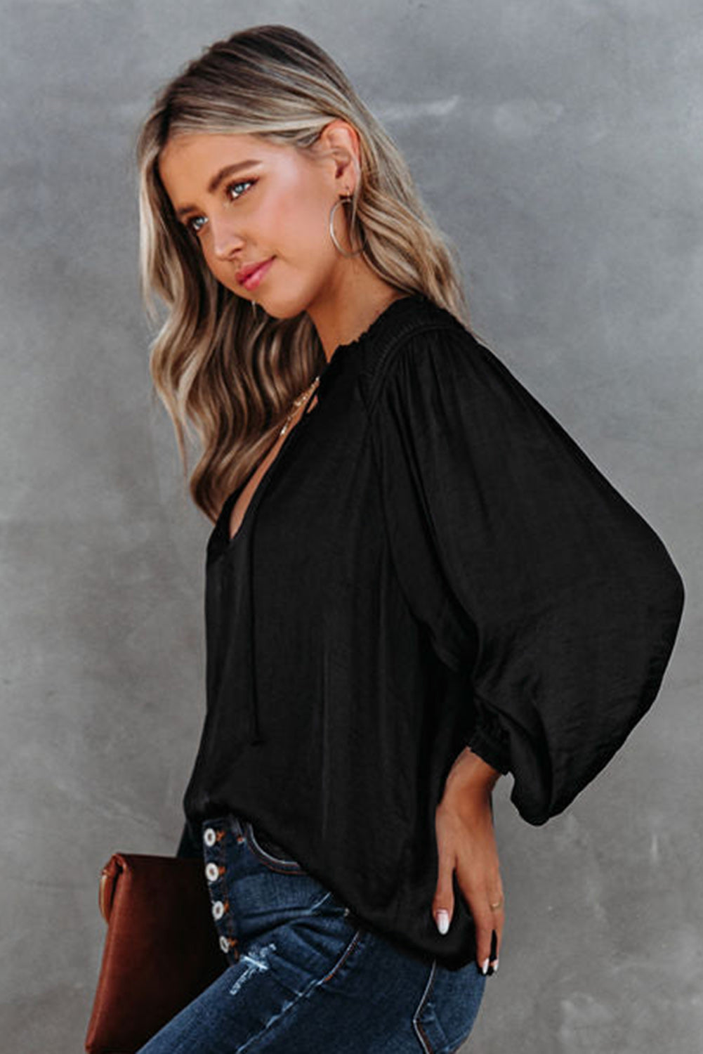 Black Pleated Balloon Sleeve Drawstring V-Neck Blouse