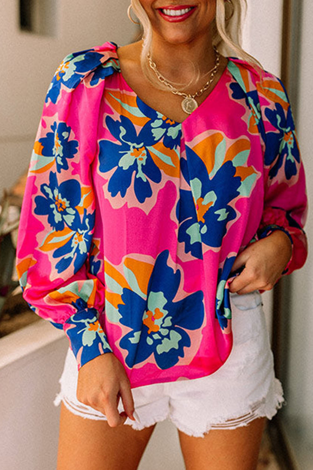 Rose Flower Print Puff Sleeve Blouse