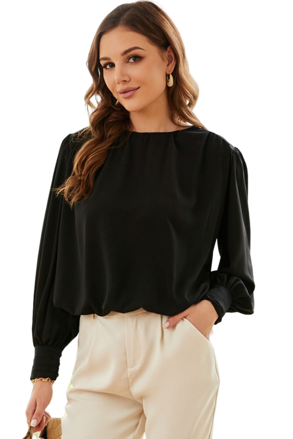 Black Padded Shoulder Buttoned Cuffs Pleated Loose Blouse