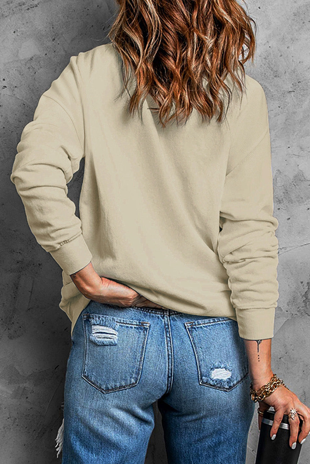 Khaki Plain Crew Neck Pullover Sweatshirt