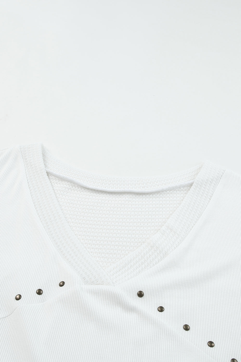 White Contrast Knit Splicing V Neck Studded Blouse