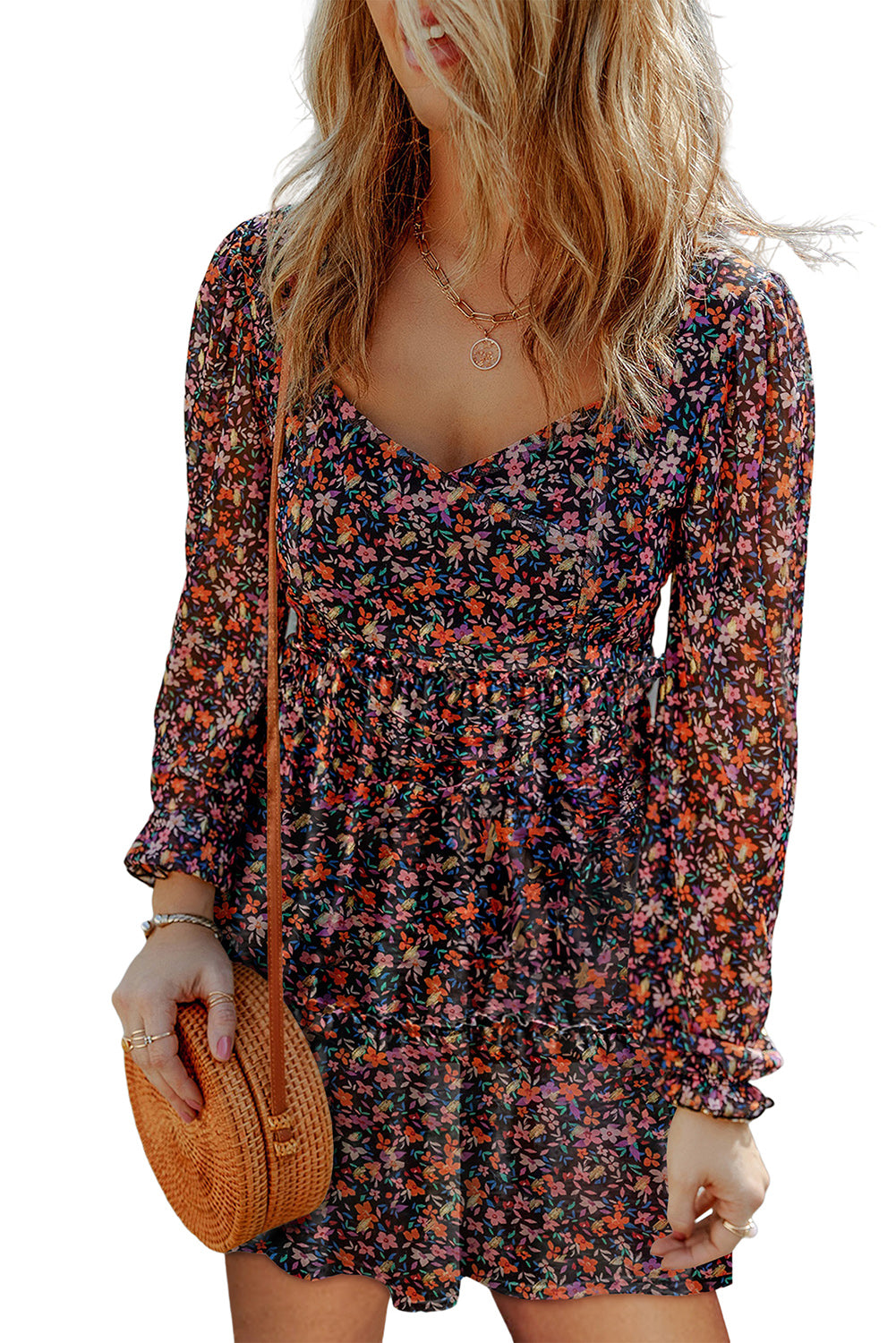 Wrapped V Neckline Long Sleeve Floral Dress