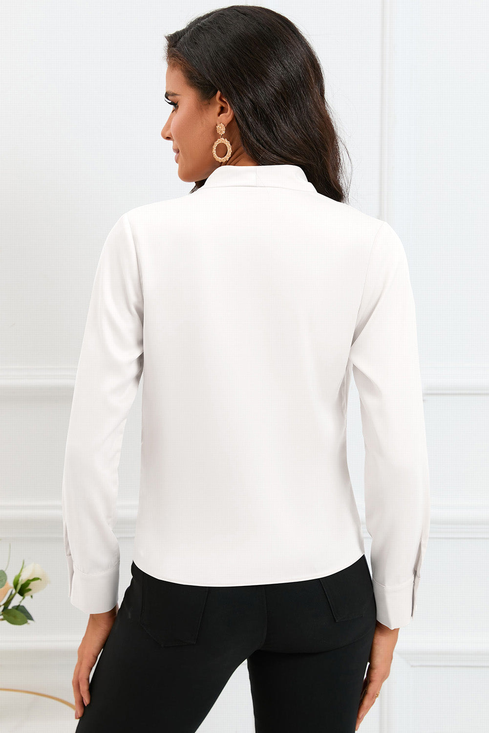 White Solid Wrap V Neck Long Sleeve Top