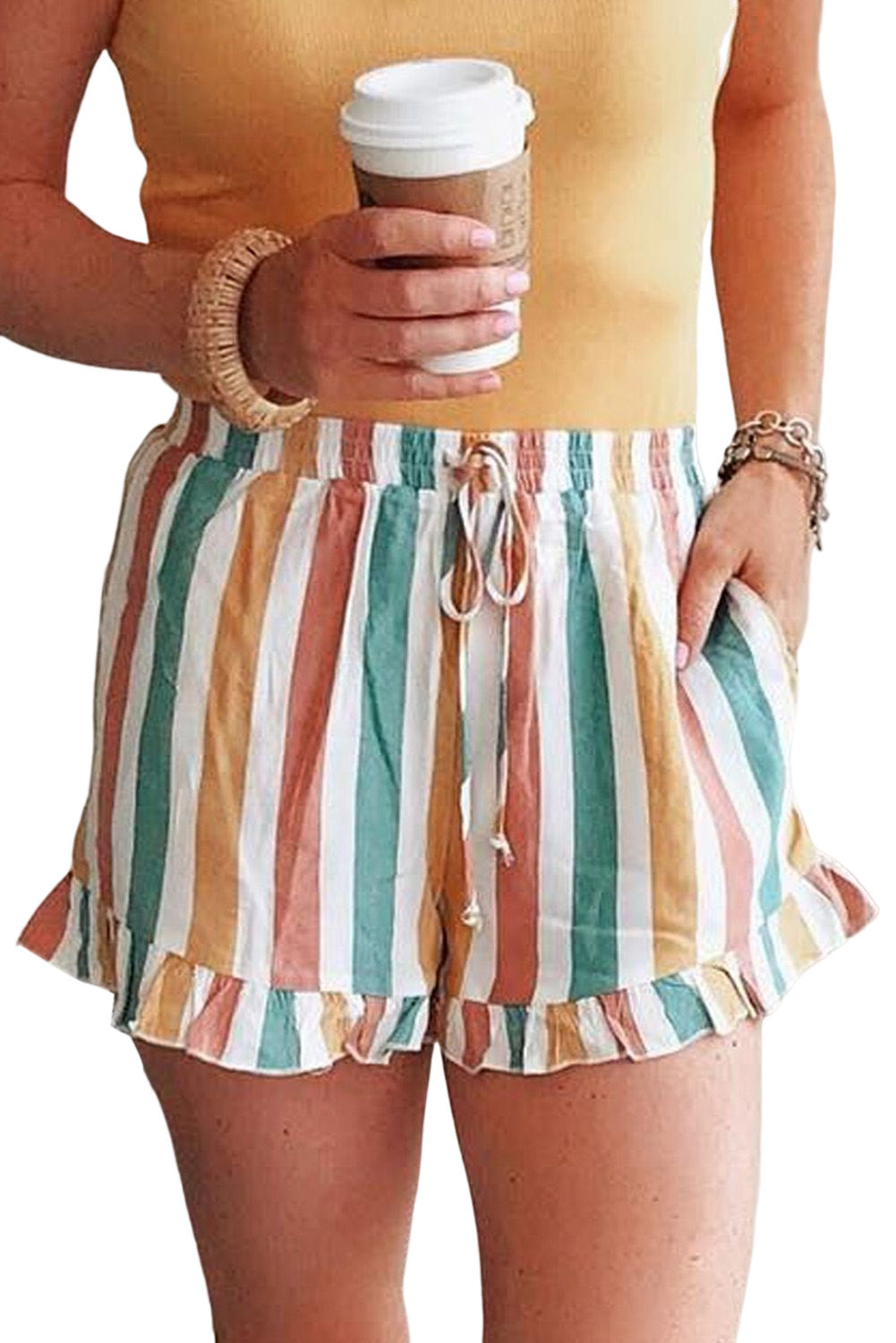 Multicolor Striped Ruffle Hem Drawstring Shorts