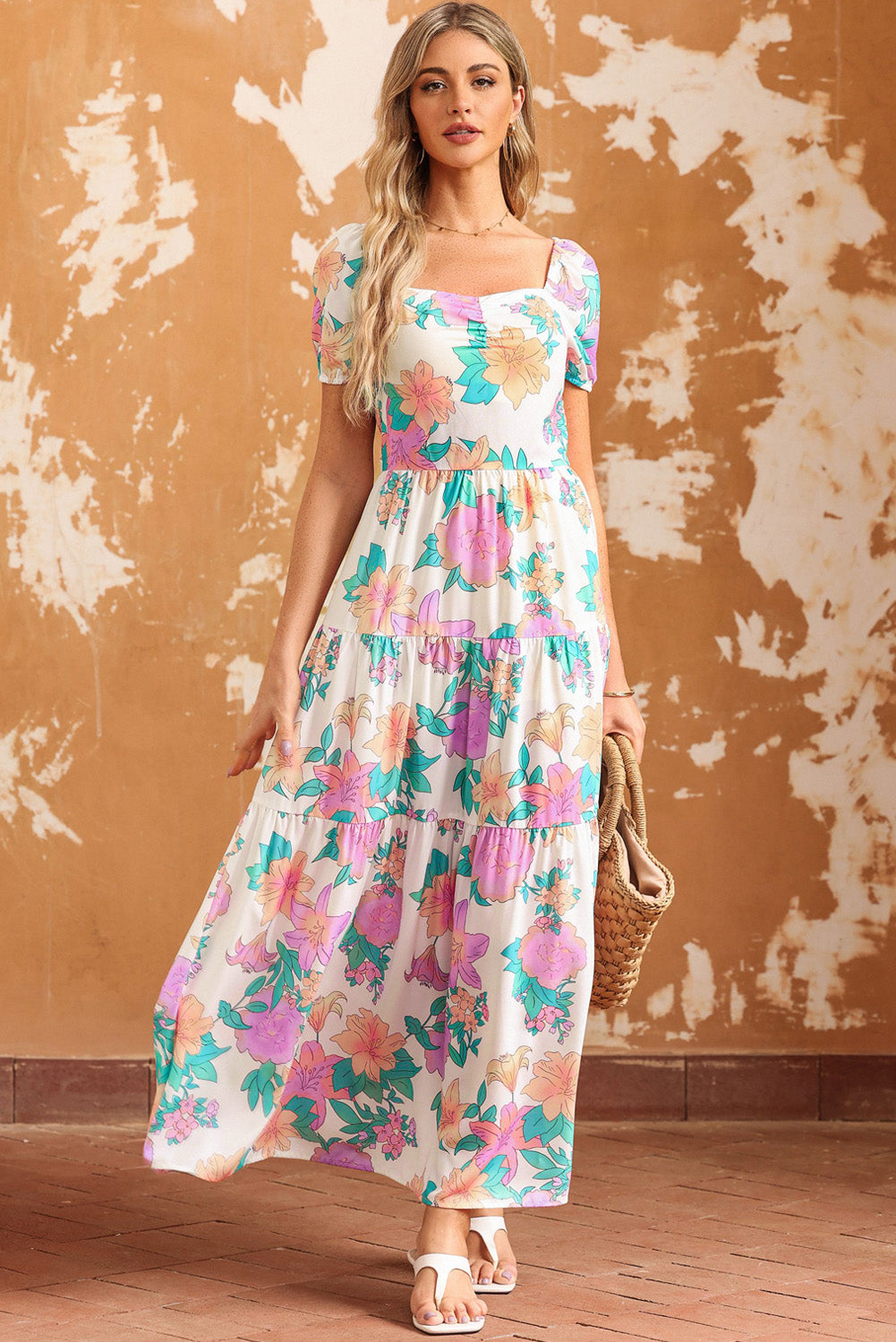 Multicolor Square Neck Puff Sleeve Tiered Floral Maxi Dress