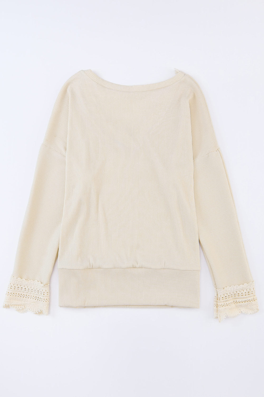 Apricot Ribbed Texture Lace Trim V Neck Long Sleeve Top