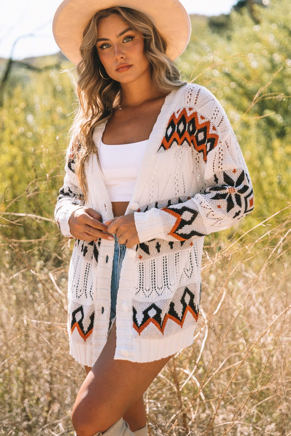 White Tribal Pattern Hollowed Knit Long Cardigan