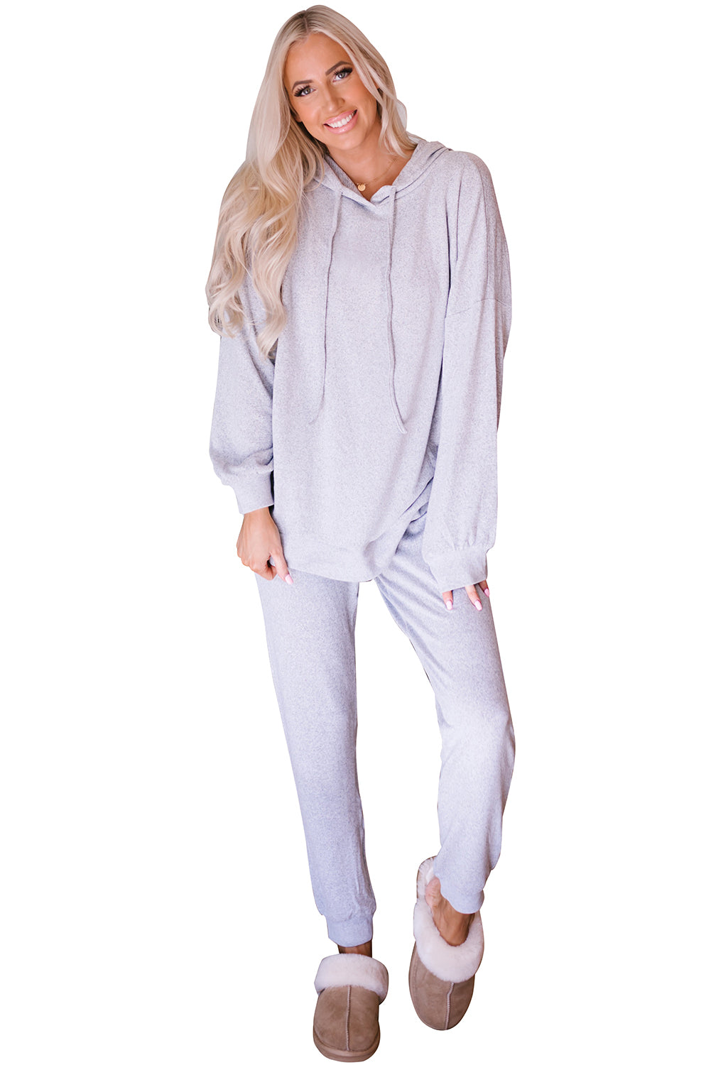 Gray Hooded Drawstring High Waist Two Piece Loungewear