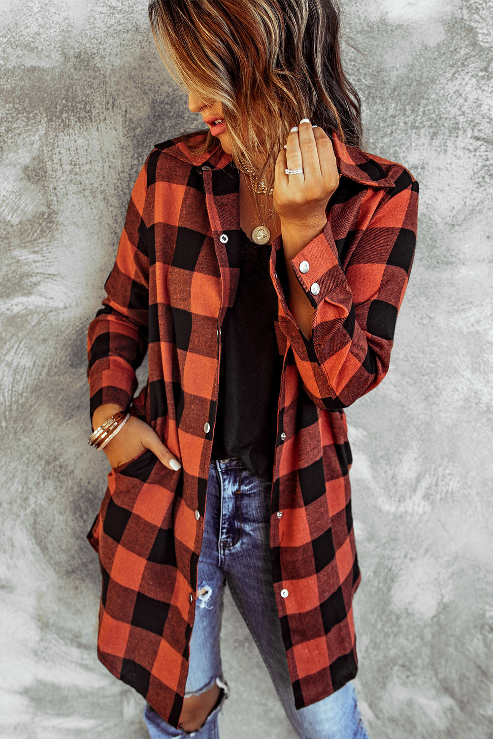 Red Turn-down Collar Plaid Shirt Coat