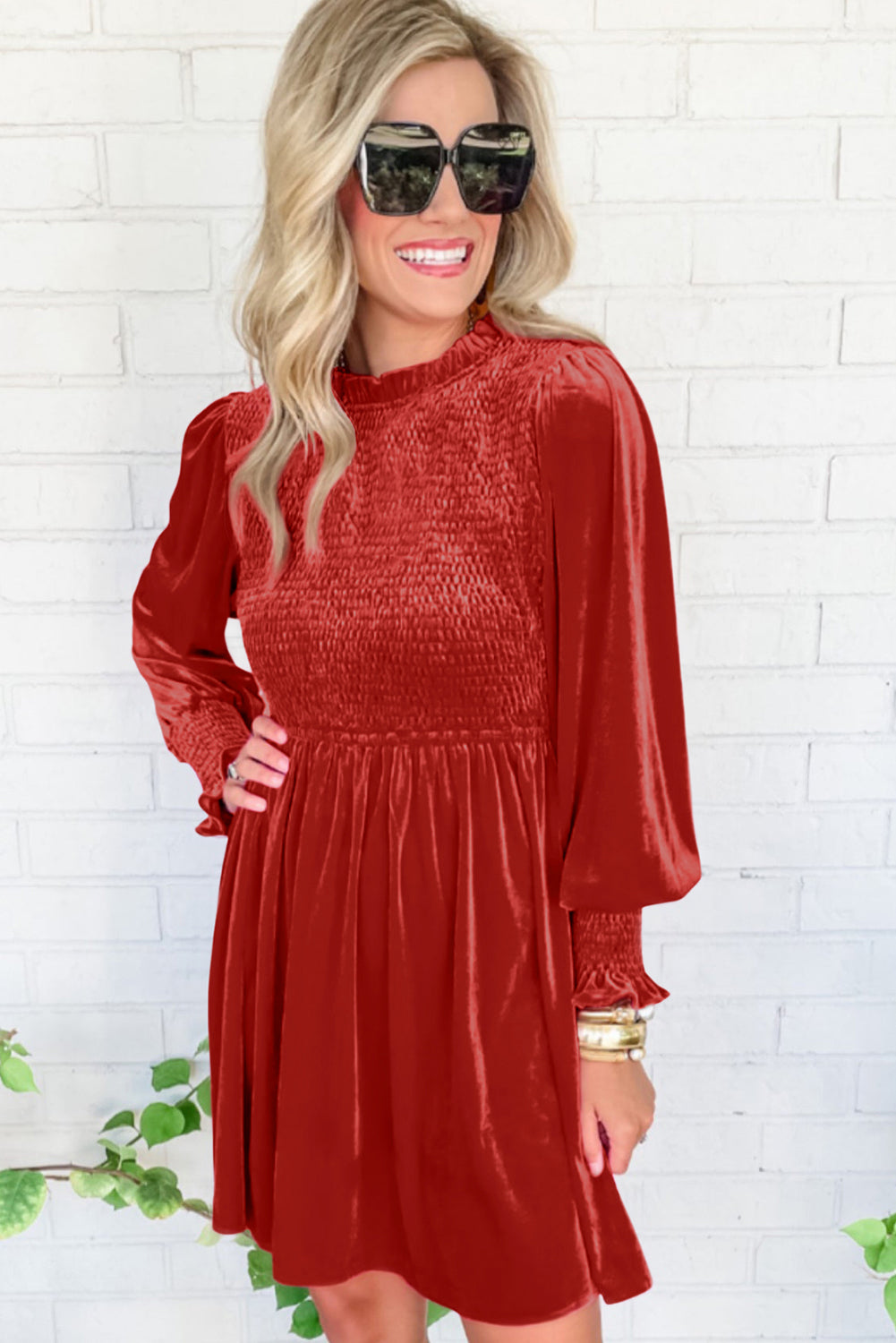 Red Clay Frilled Neck Smocked Bodice Velvet Dress