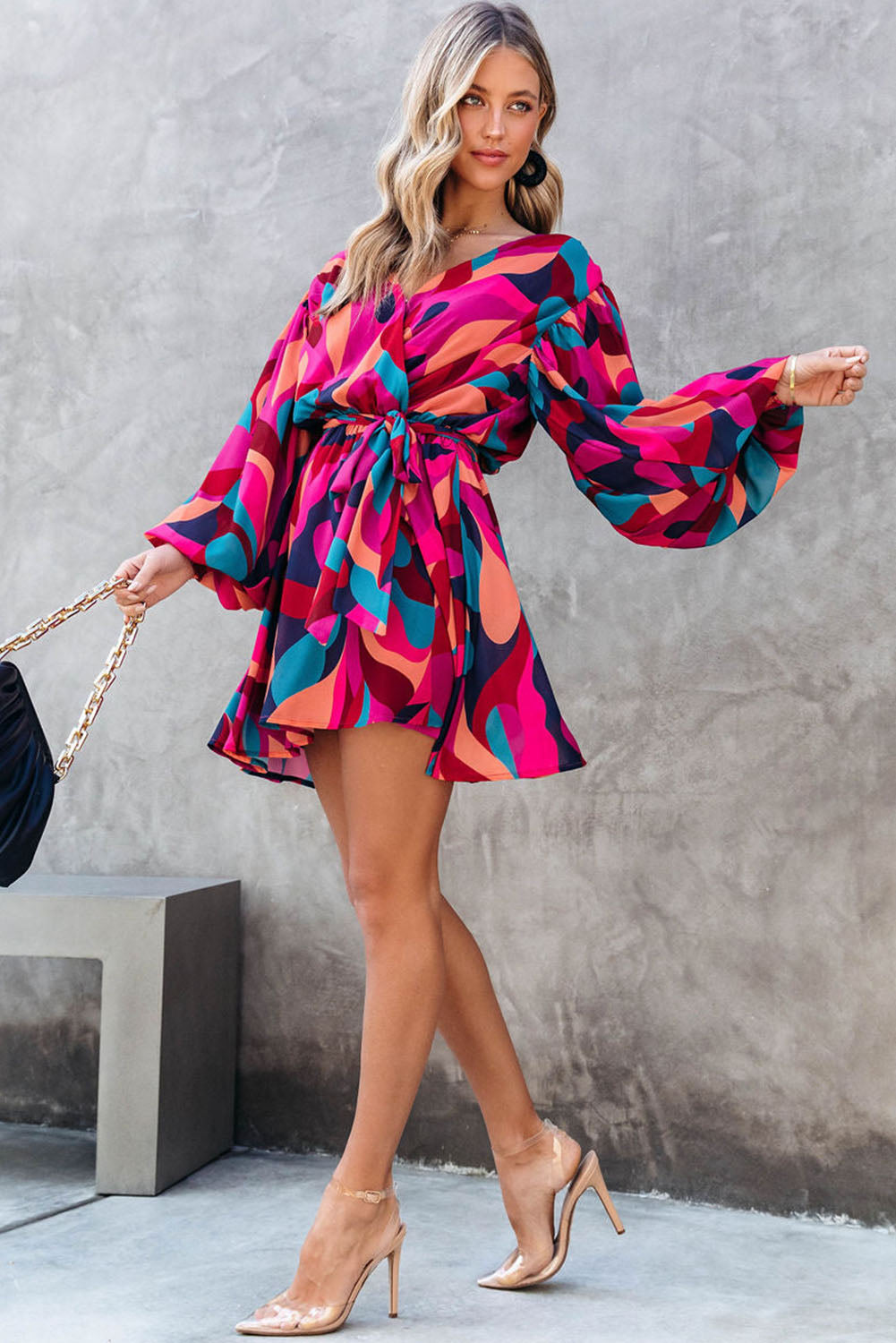 Red Abstract Printed Belted Puff Sleeve Mini Dress