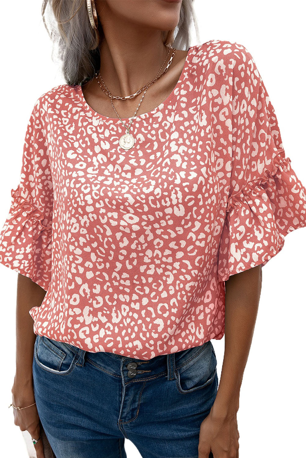 Pink Leopard Spotted Ruffle Sleeve T-Shirt