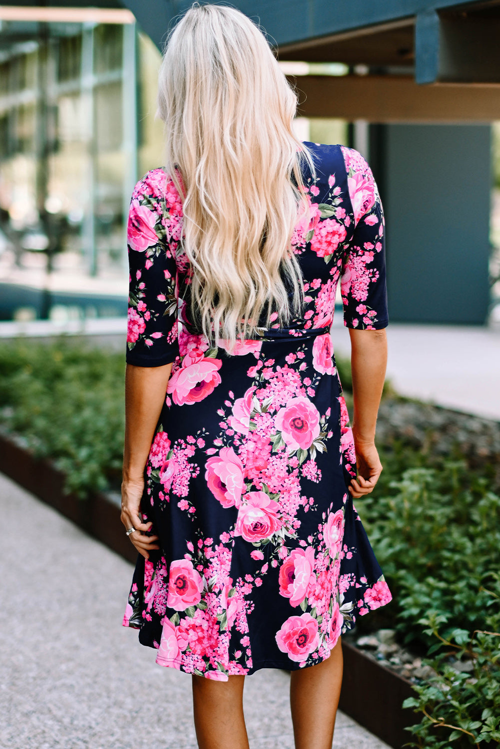 Blue Wrap V Neck Floral Dress with Belt