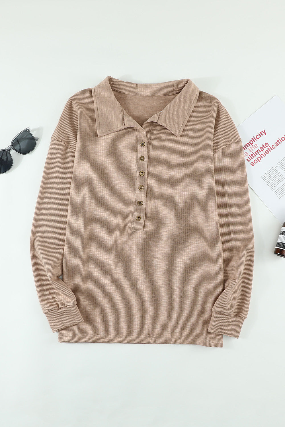 Khaki Button Front Turn-down Neck Knit Top