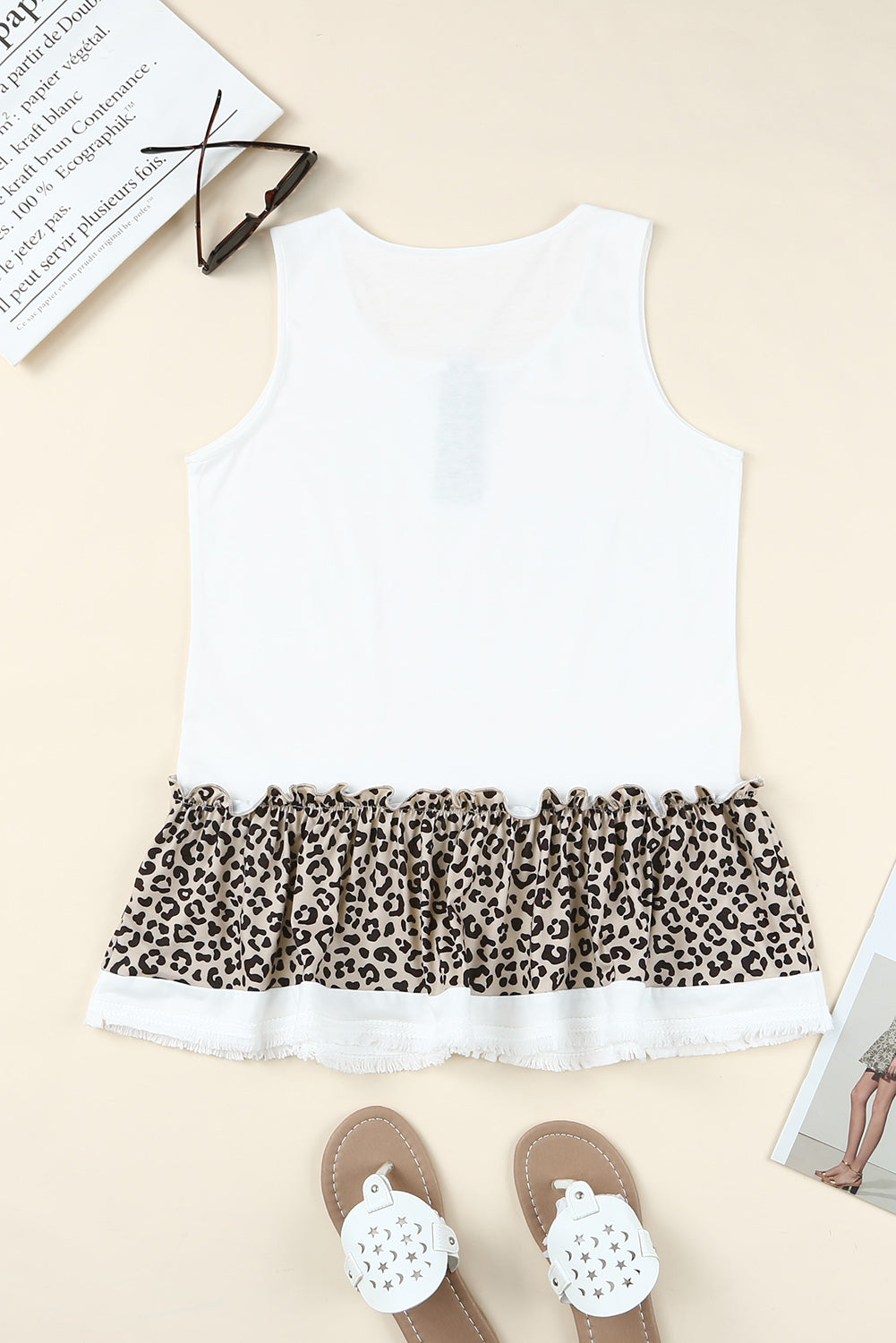 White Leopard Peplum Hemline Flowy Tank Top