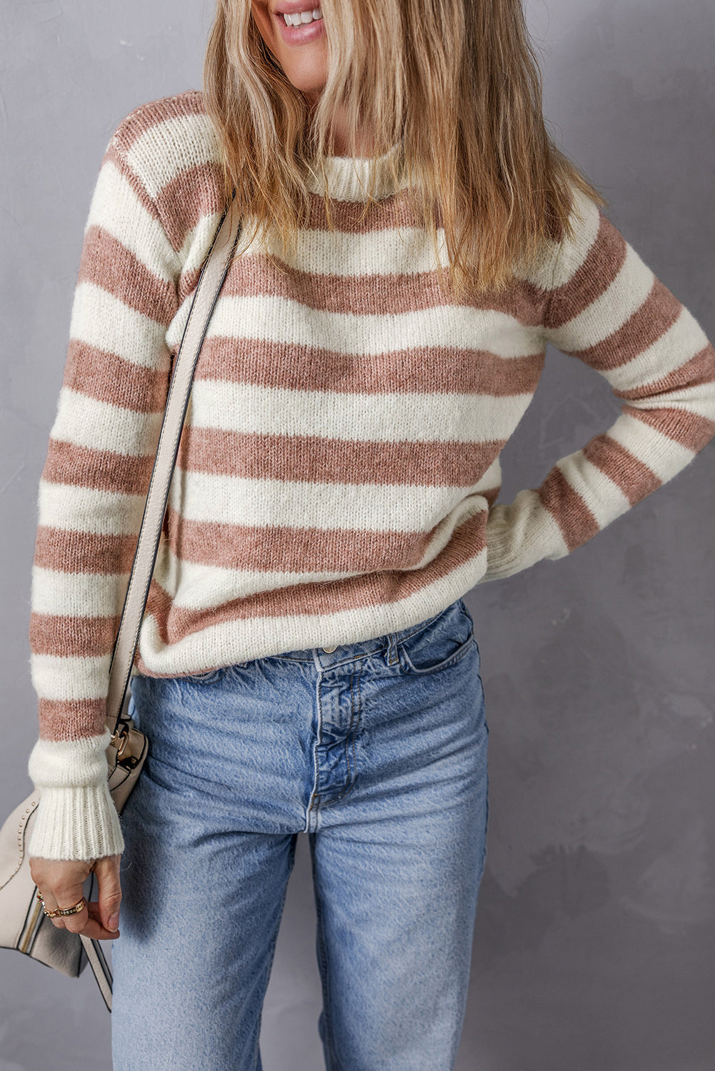 Brown Striped Round Neck Casual Sweater