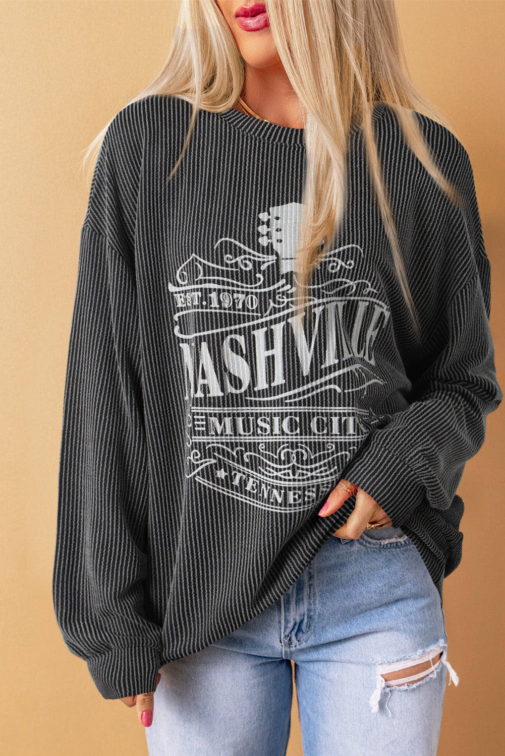 Black NASHVILLE MUSIC CITY Corded Graphic Sweatshirt