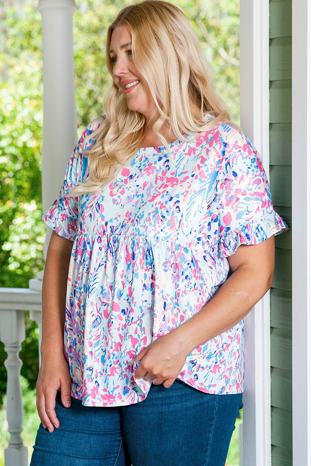 Purple Vibrant Botanical Print Frill Short Sleeve Plus Size Top