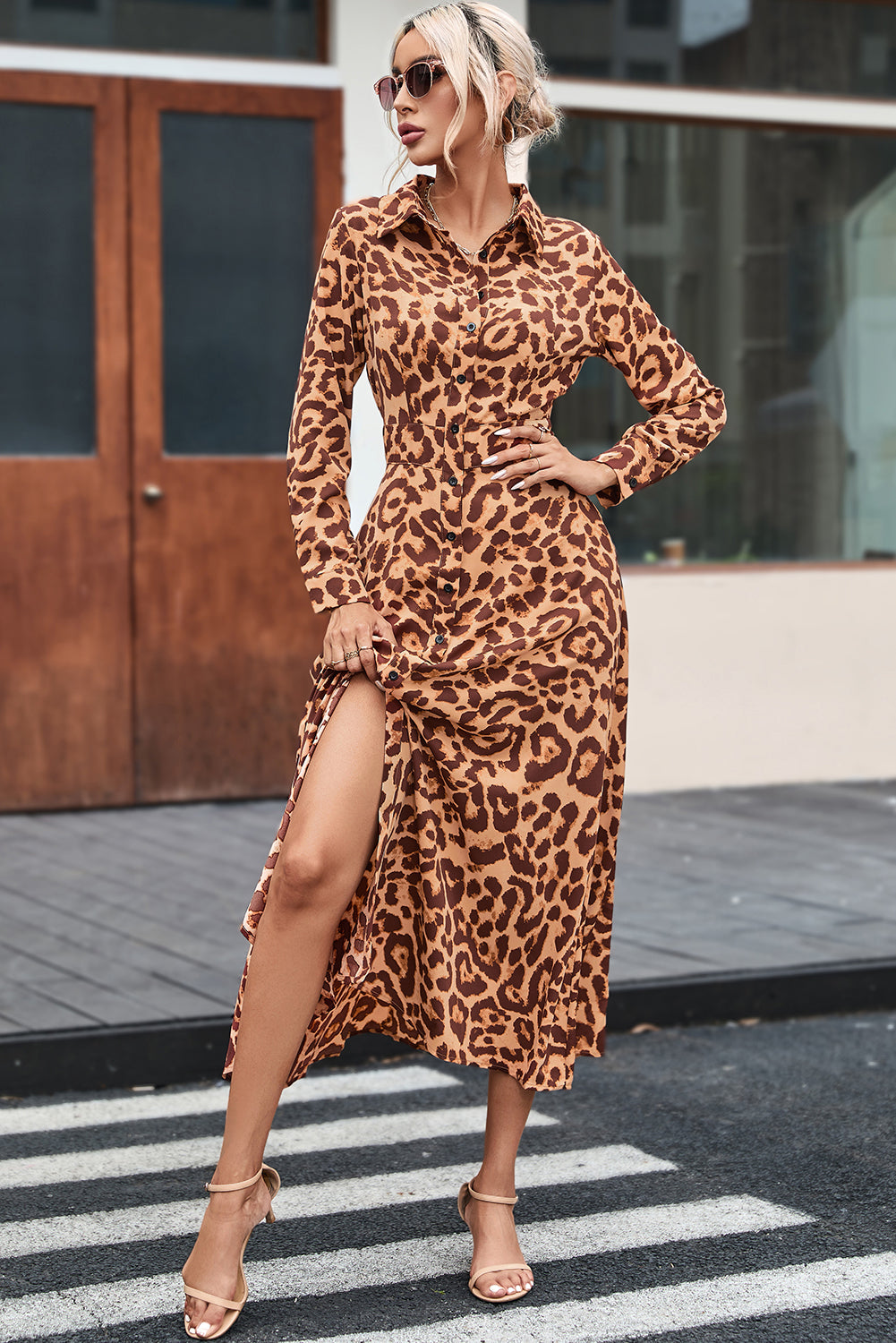 Leopard Button-Up Long Sleeve Maxi Dress