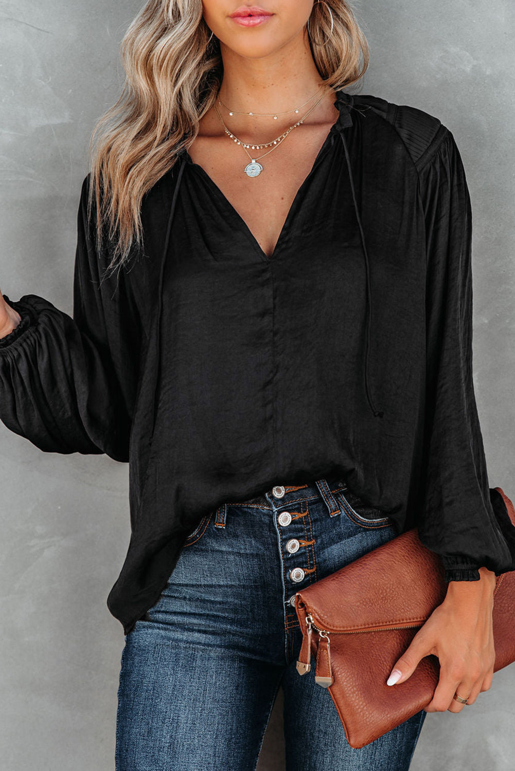 Black Pleated Balloon Sleeve Drawstring V-Neck Blouse