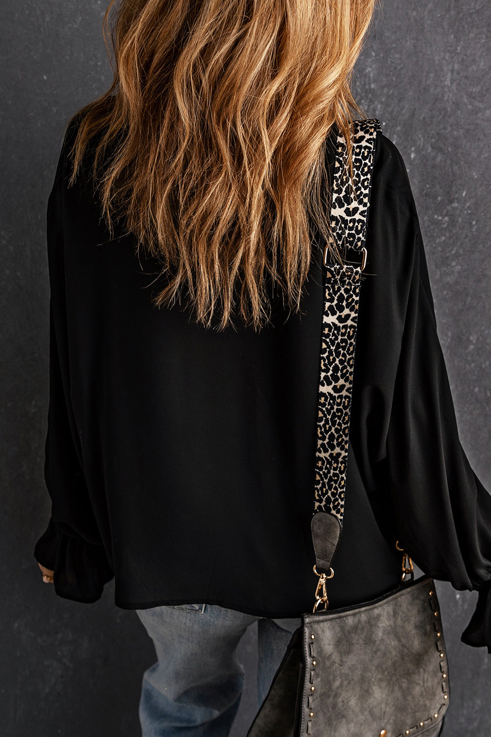 Black Flared Cuff Bishop Sleeve Blouse