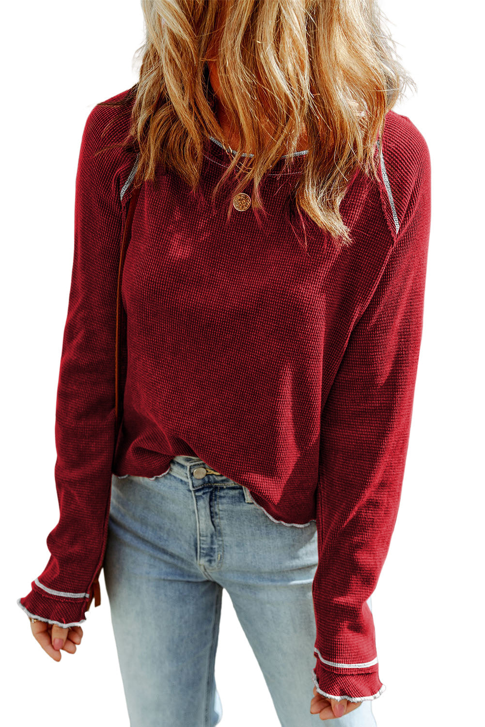 Red Textured Round Neck Long Sleeve Top