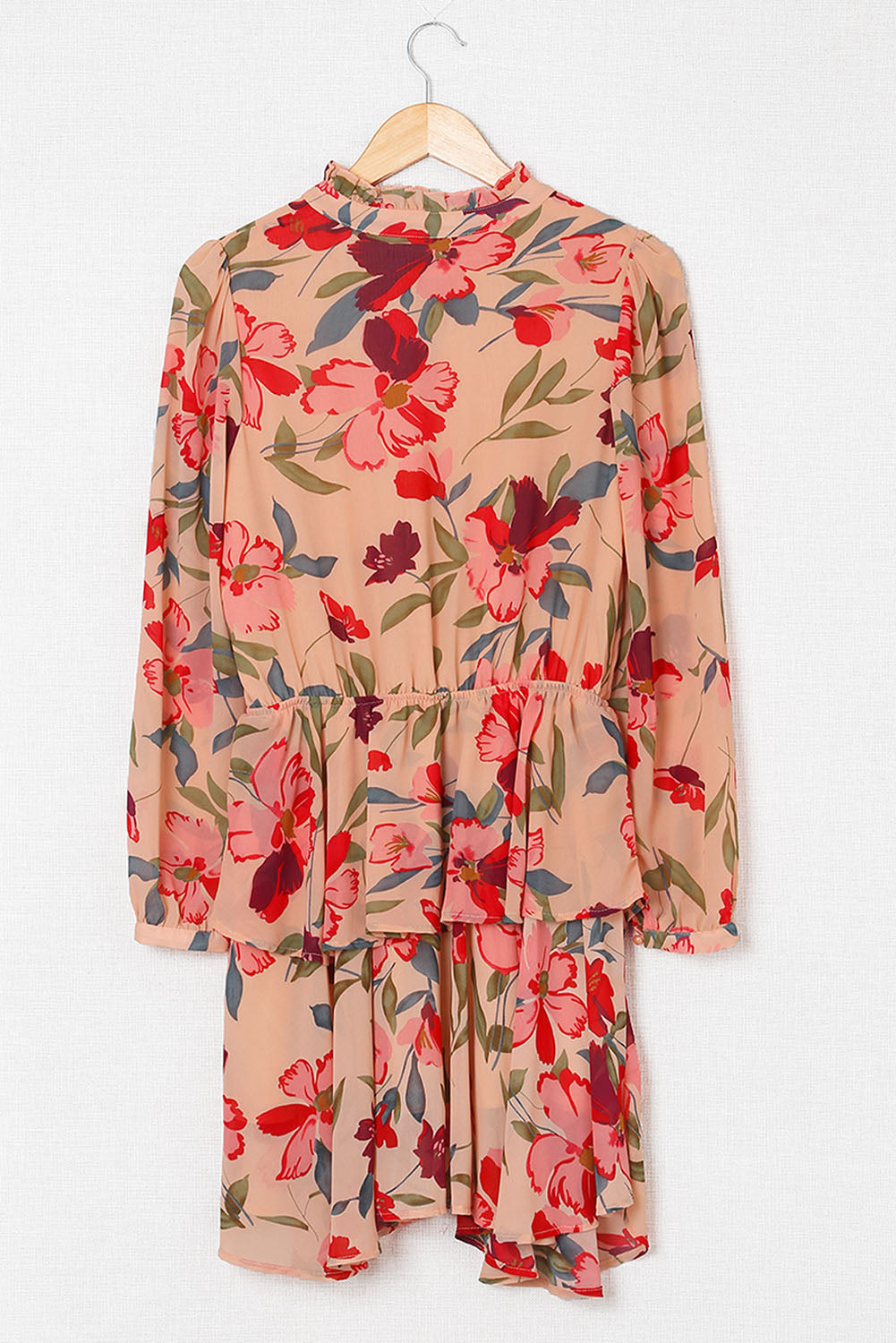 Red Frilled Collar Long Sleeve Floral Dress with Ruffle