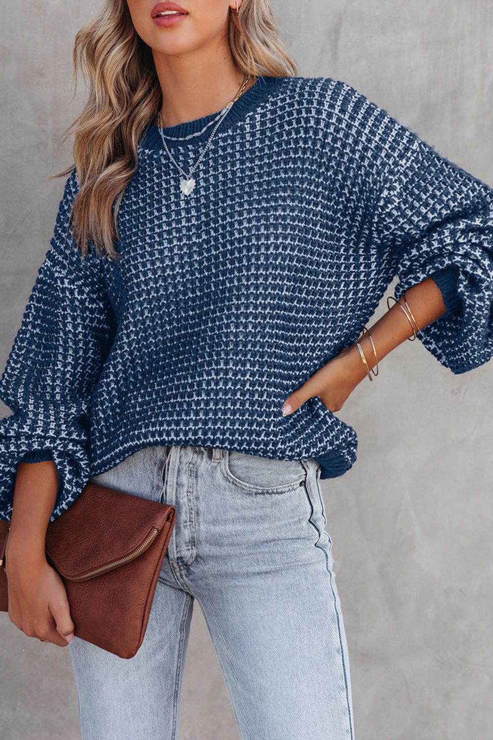 Blue Heathered Knit Drop Shoulder Puff Sleeve Sweater