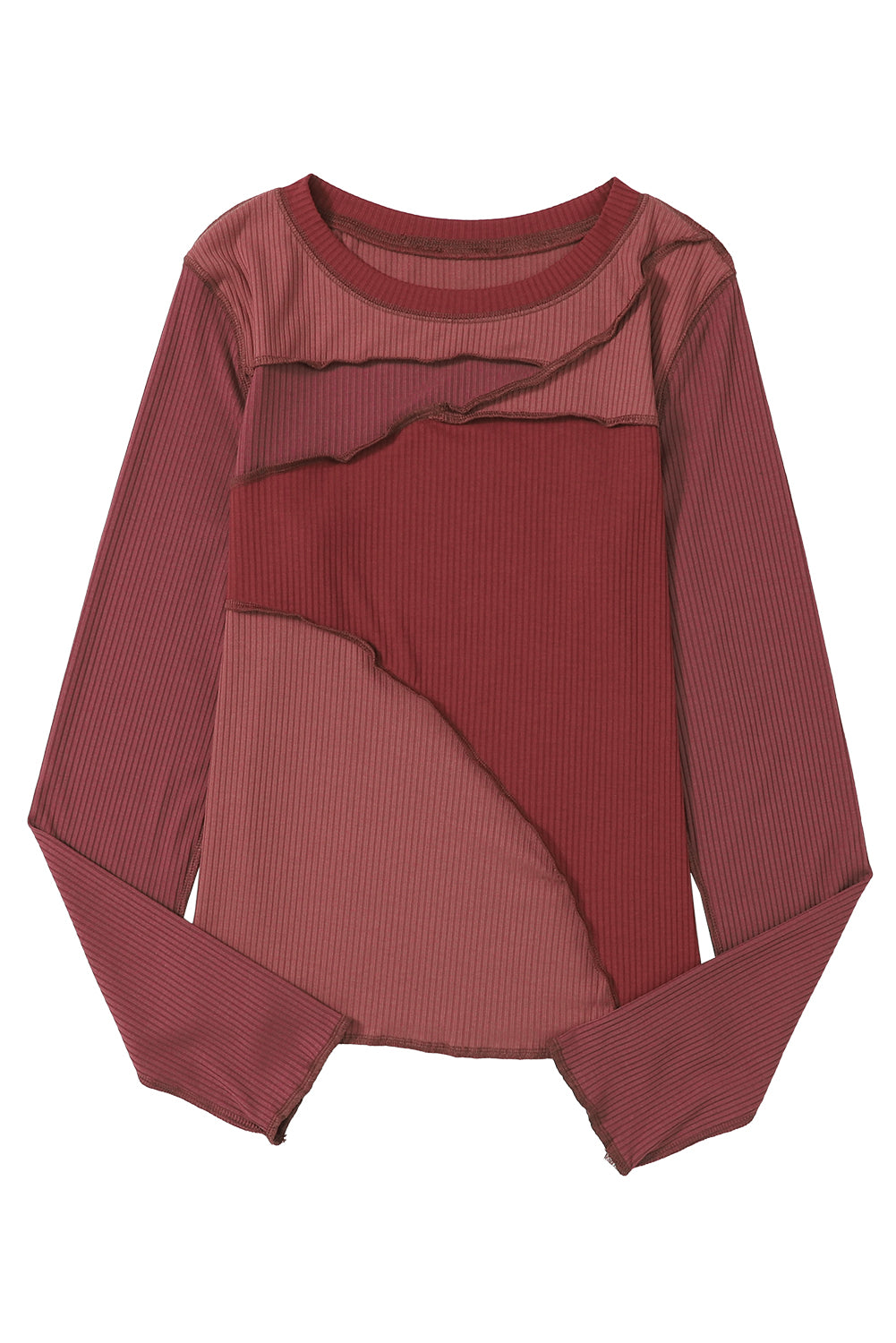 Red Expose Seam Color Block Ribbed Knit Top