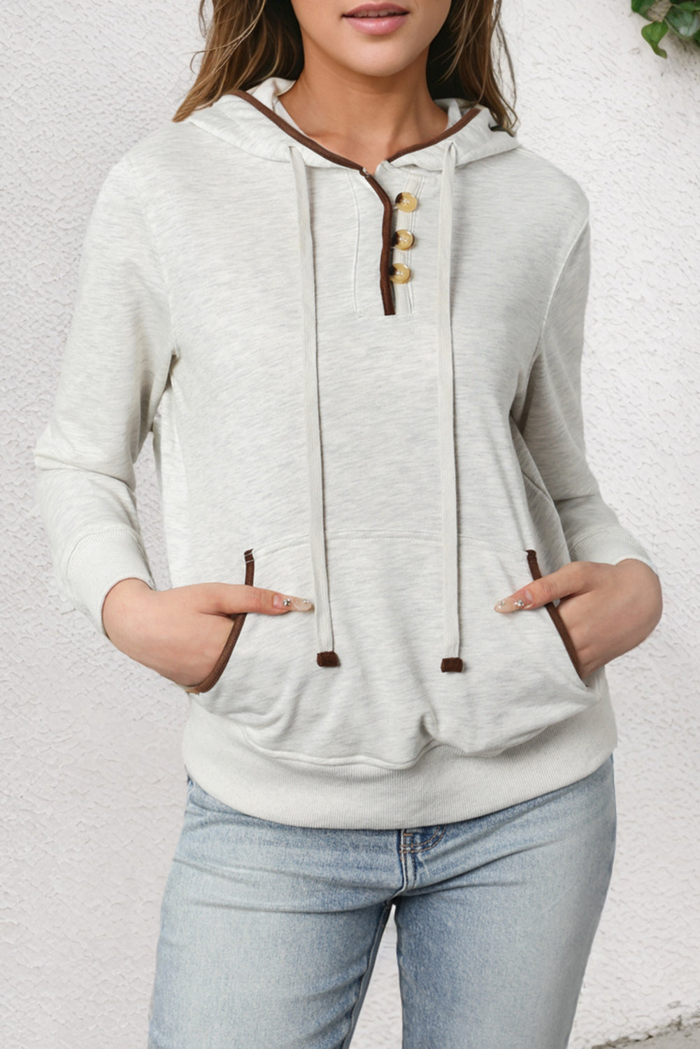 Beige Drawstring Kangaroo Pocket Henley Hoodie