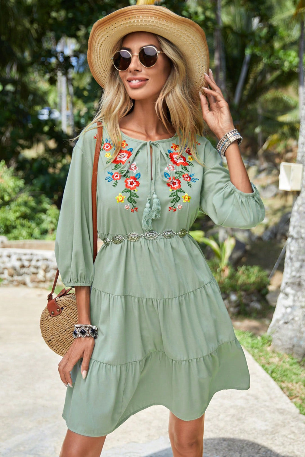 Green Floral Embroidery Tiered Ruffle Hem Dress