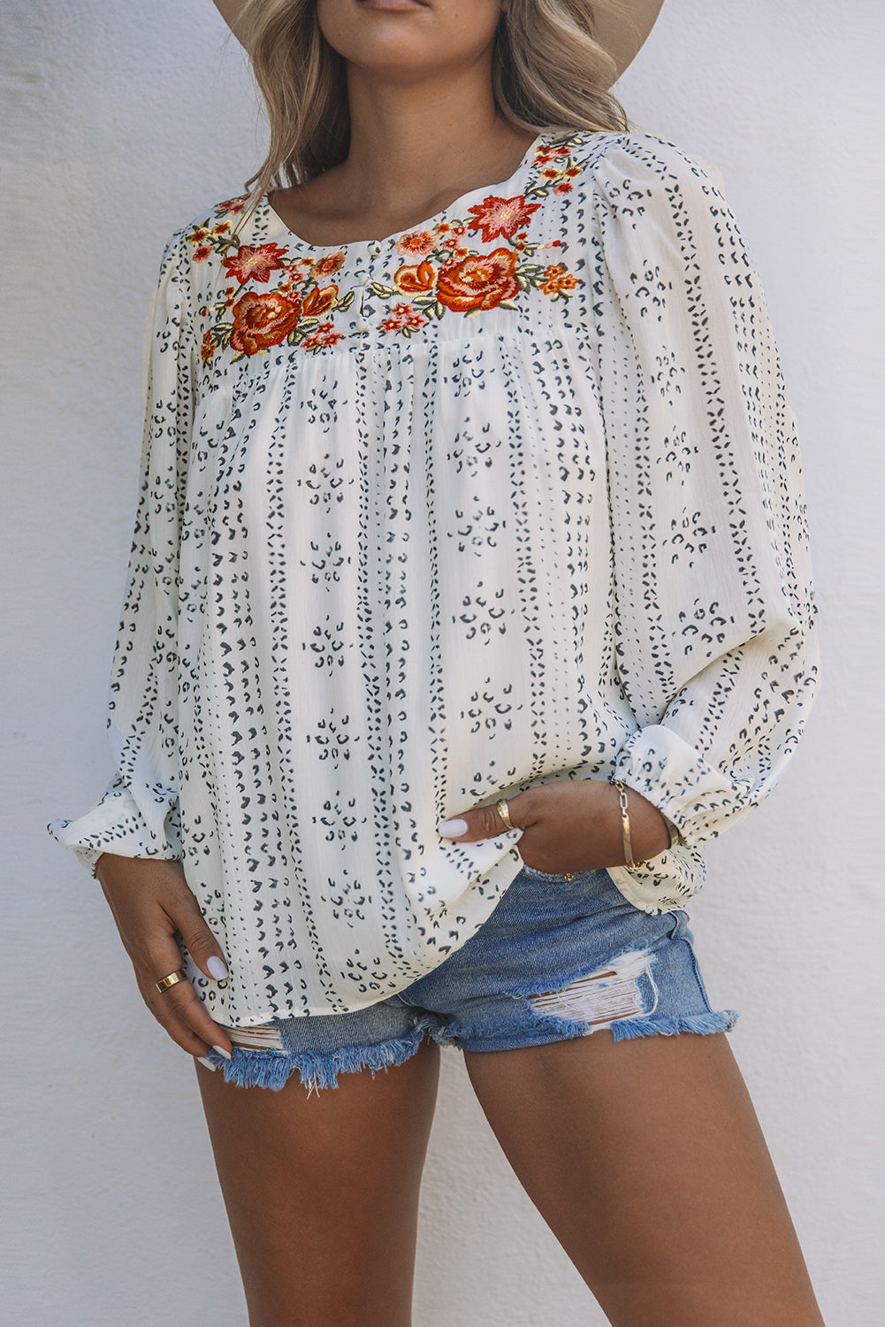 Beige Long Sleeve Embroidered Print Blouse