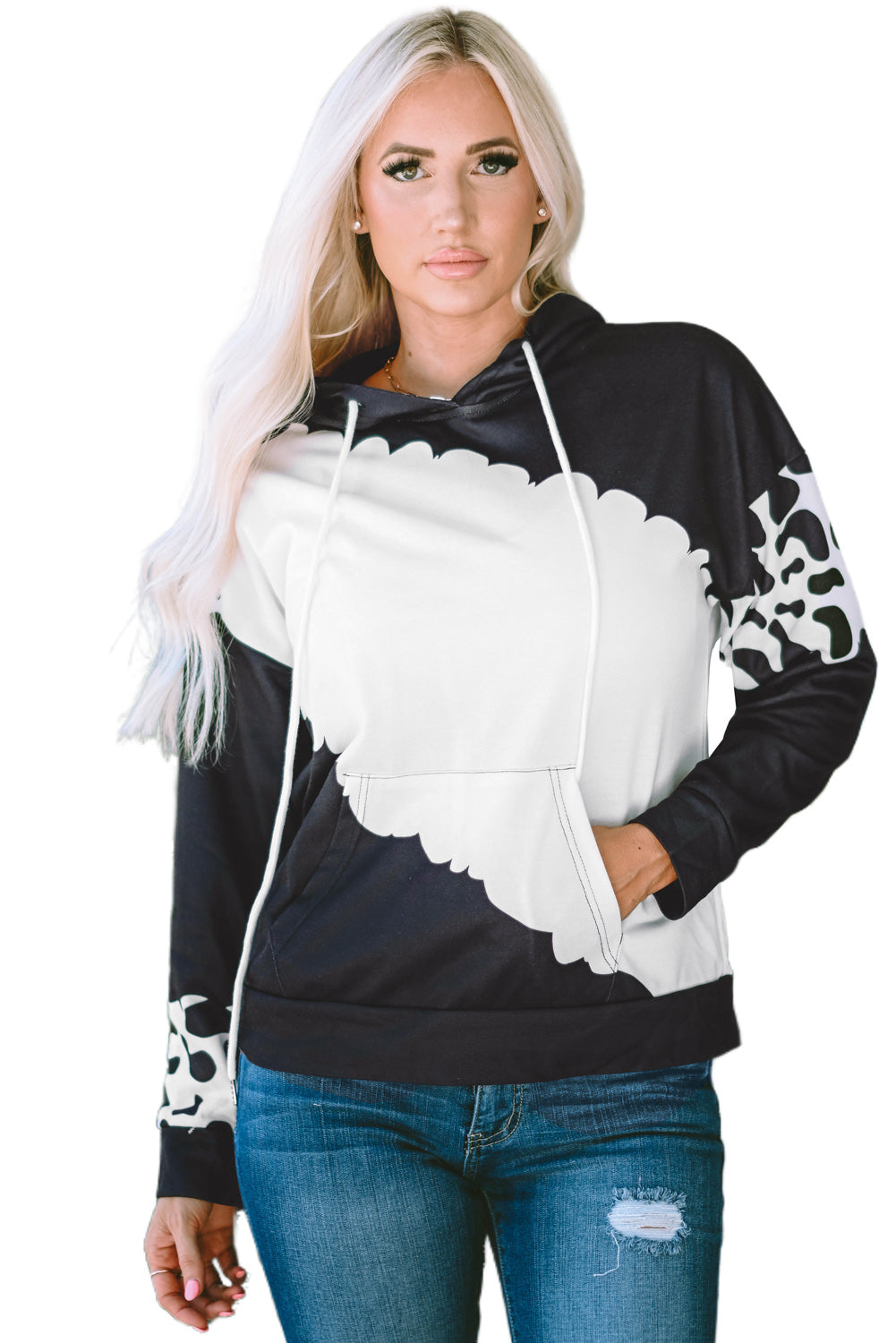 Black Cow Tie Dye Print Pocketed Drawstring Pullover Hoodie