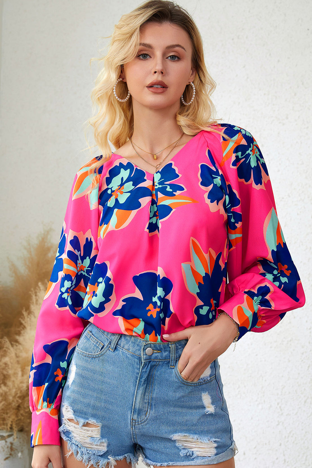 Rose Flower Print Puff Sleeve Blouse