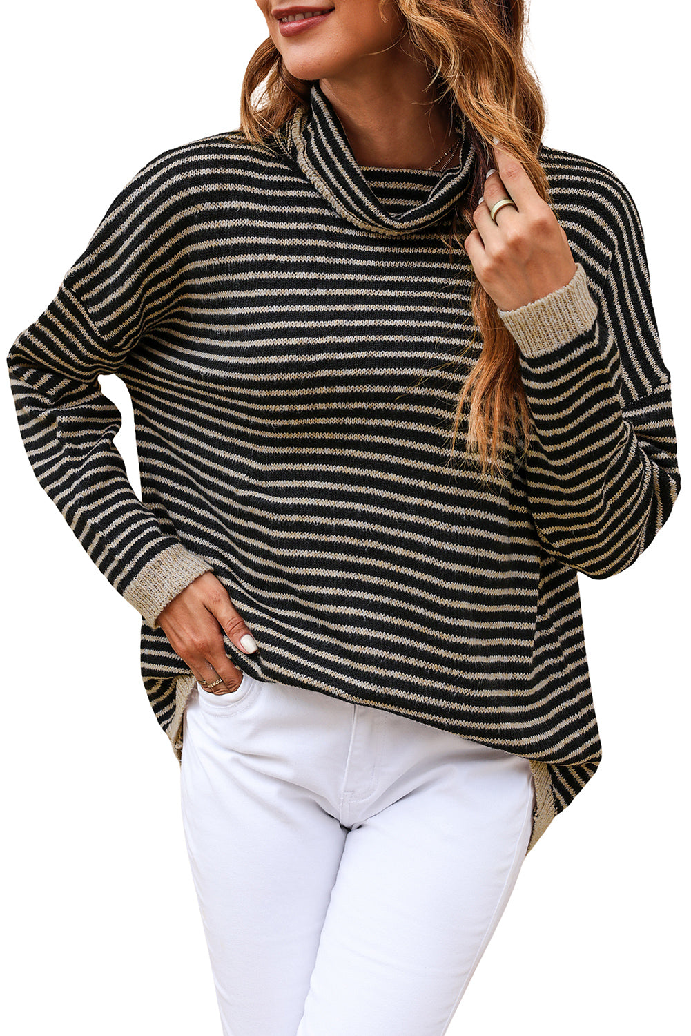 Black Striped Turtleneck Loose Sweater