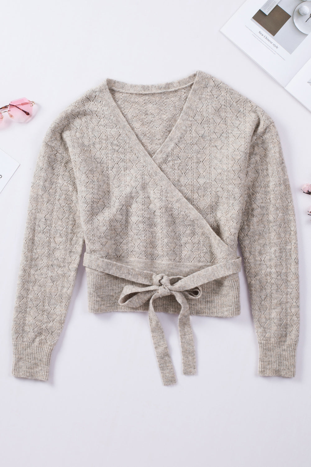 Khaki Wrap V Neck Back Tie Knit Sweater