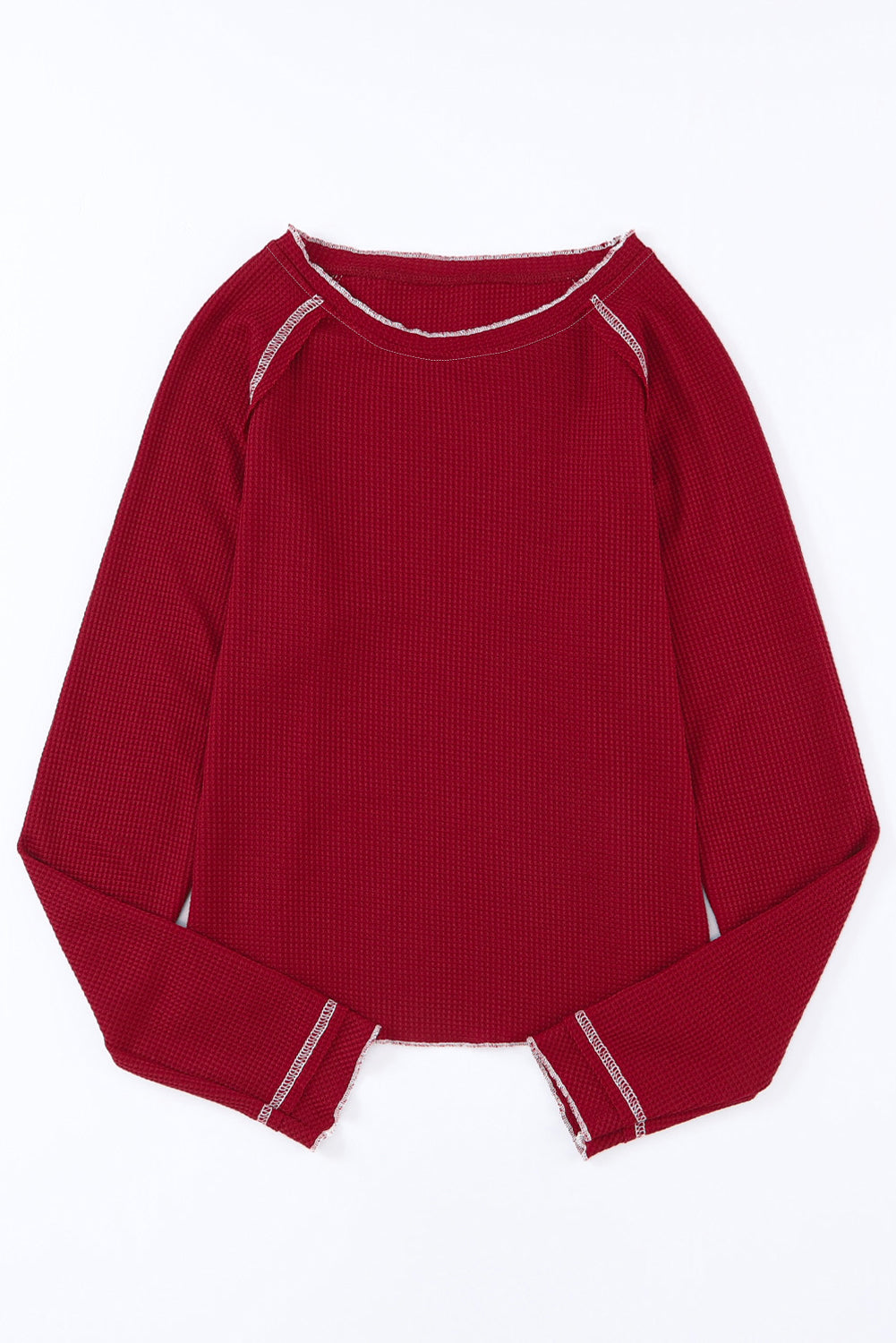 Red Textured Round Neck Long Sleeve Top