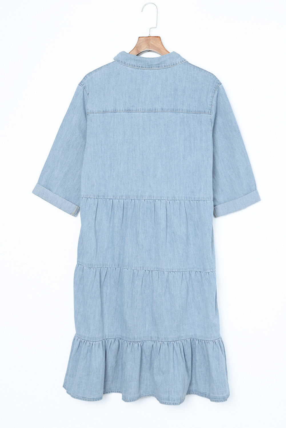 Sky Blue Ruffled Denim Full Buttoned Midi Dress