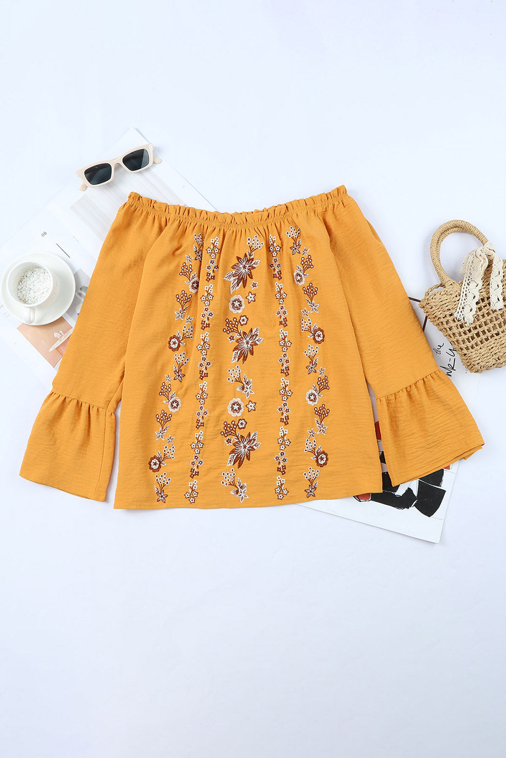 Yellow Floral Print Ruffled Off Shoulder Blouse