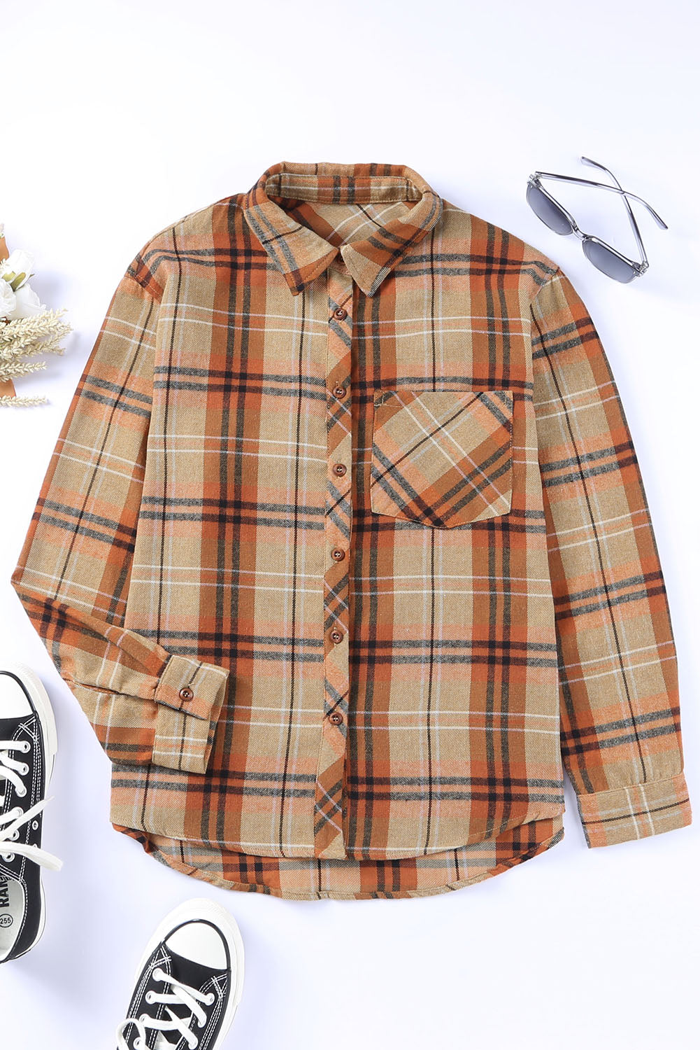 Orange Plaid Pocket Buttoned Long Sleeve Shirt