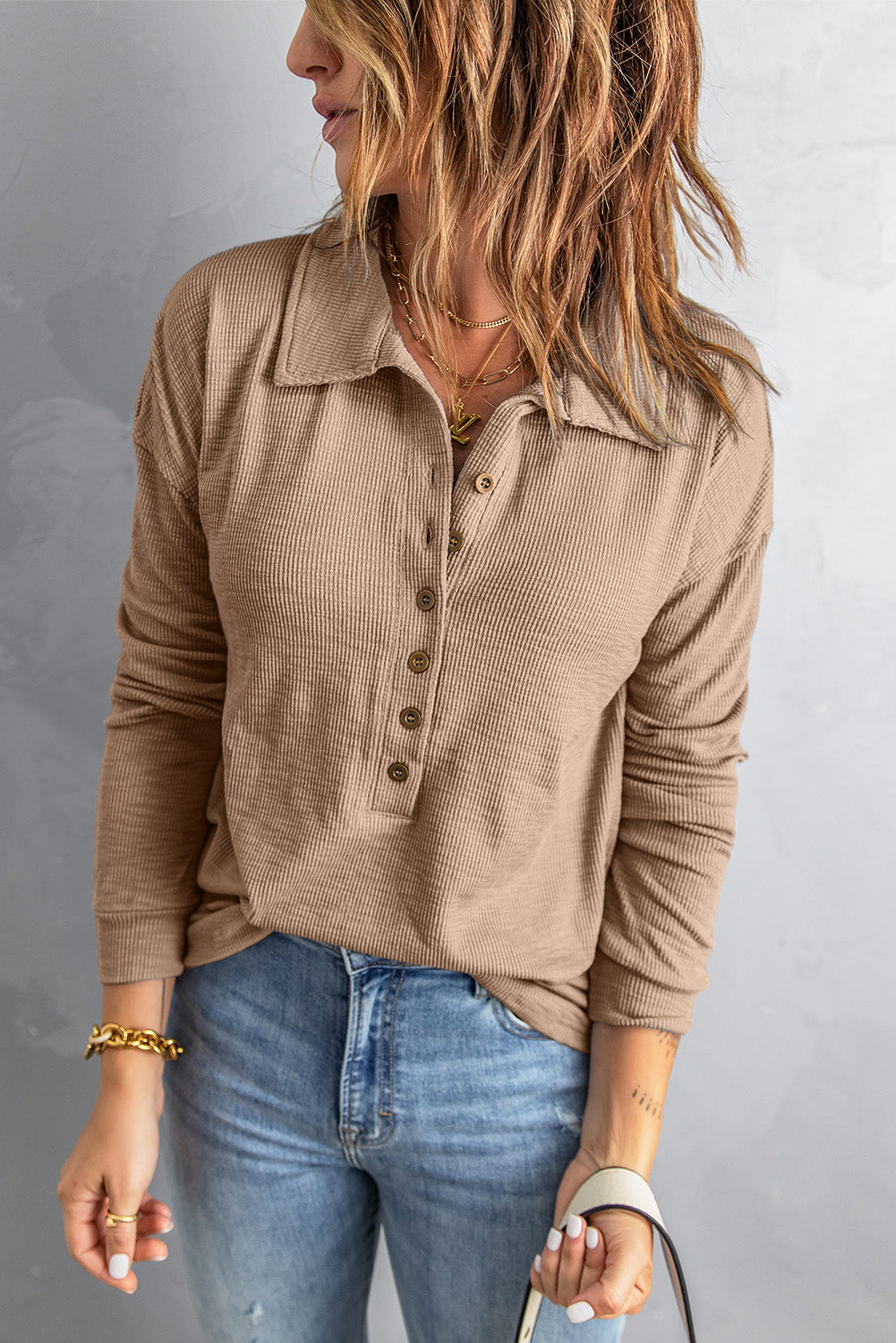 Khaki Button Front Turn-down Neck Knit Top