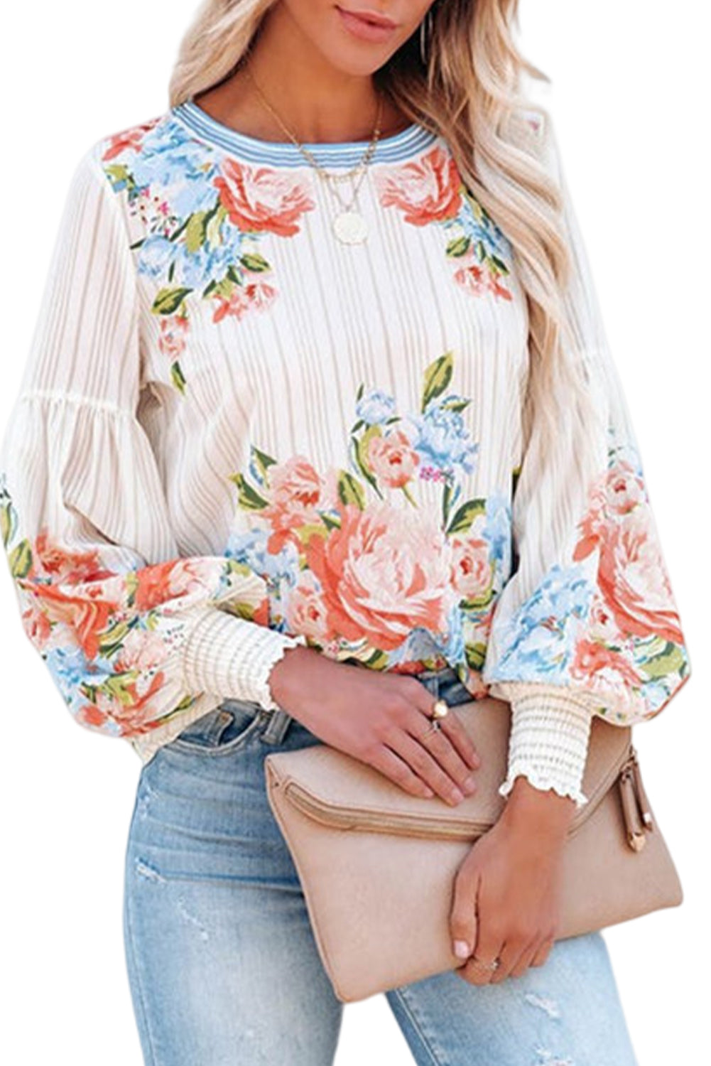 White Floral Striped Print Smocked Lantern Sleeve Top