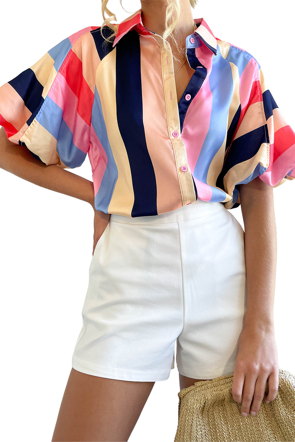 Multicolor Color Block Striped Puff Sleeve Buttoned Shirt