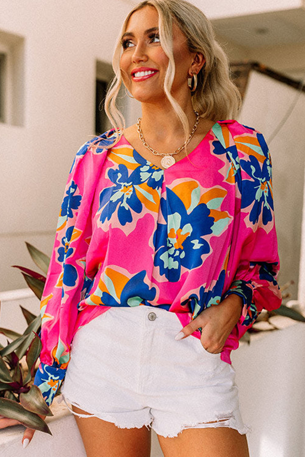 Rose Flower Print Puff Sleeve Blouse