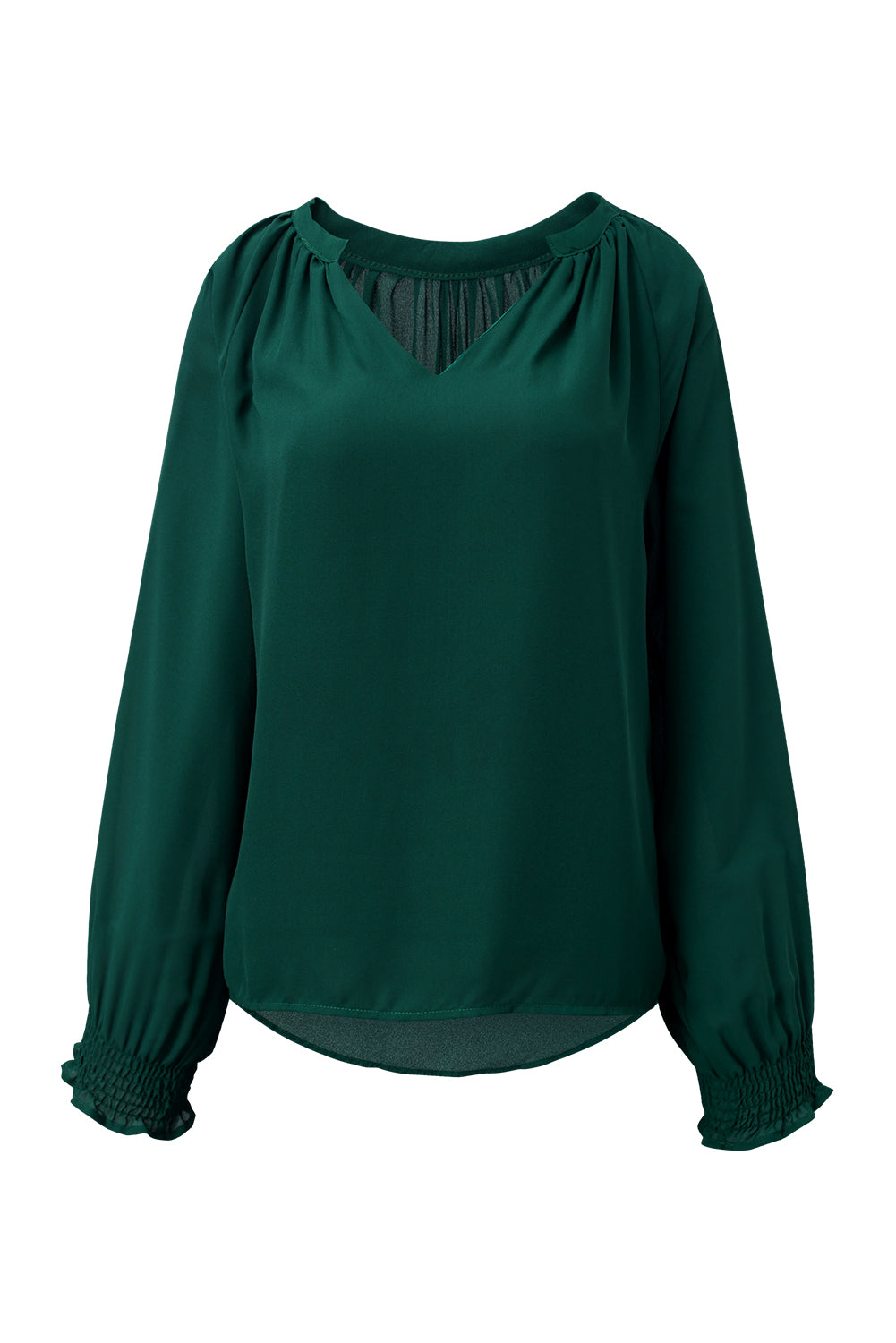 Green Pleated V Neck Puffy Sleeve Blouse