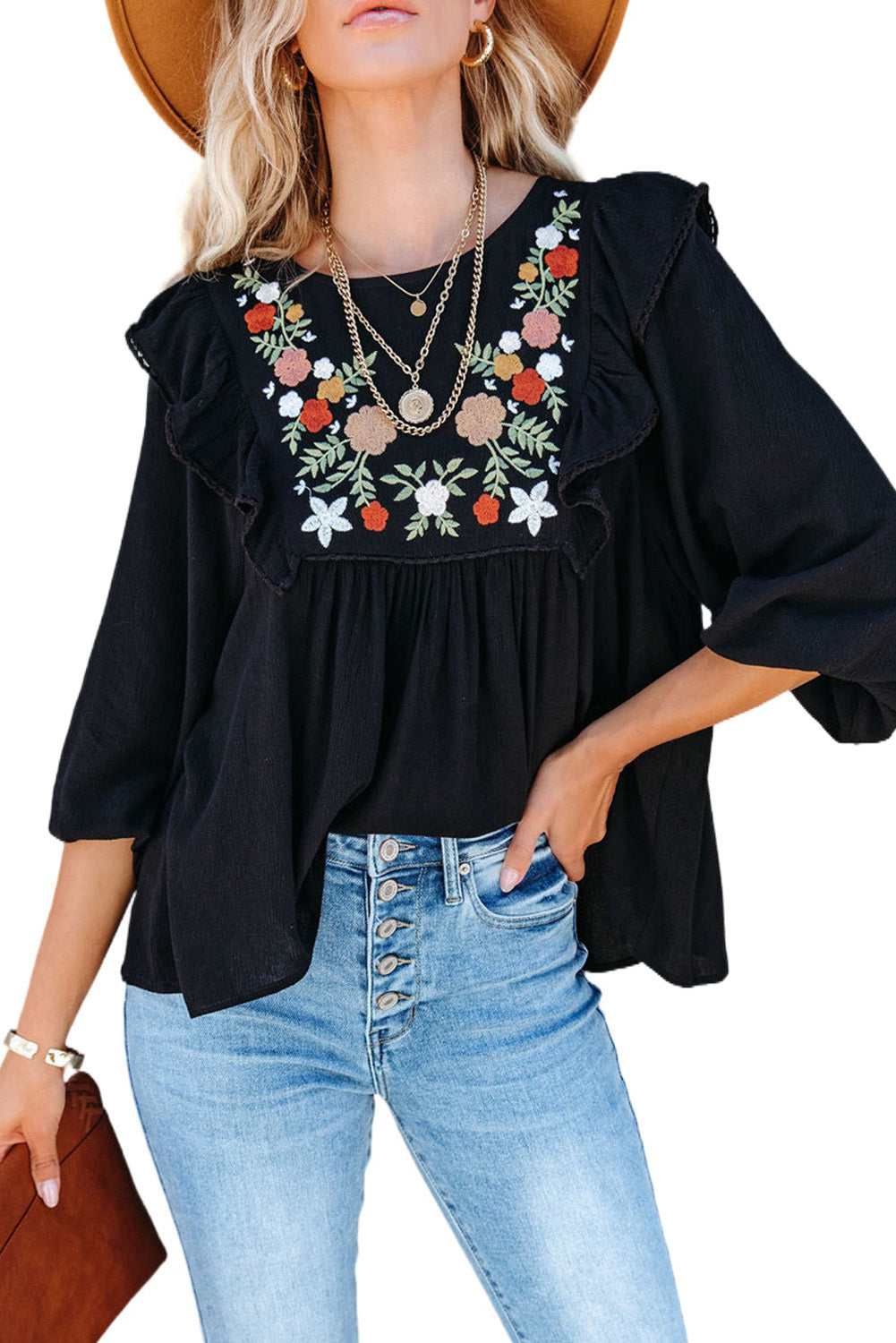 Black Bohemian Floral Embroidered Ruffled Babydoll Top