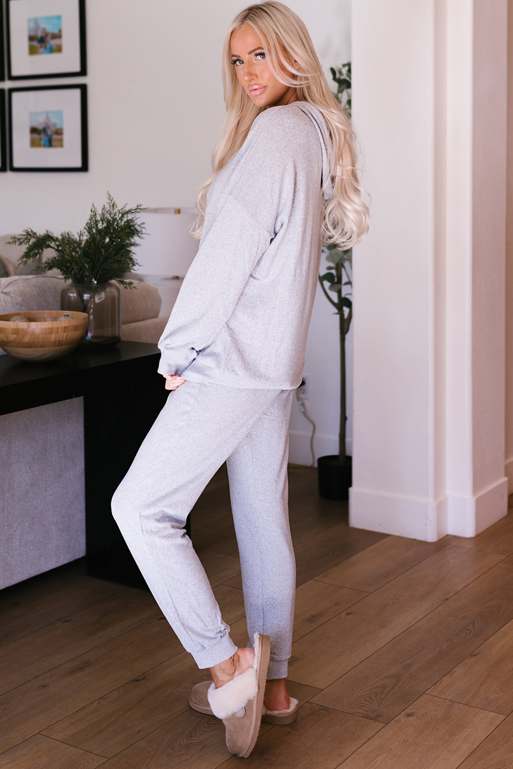 Gray Hooded Drawstring High Waist Two Piece Loungewear